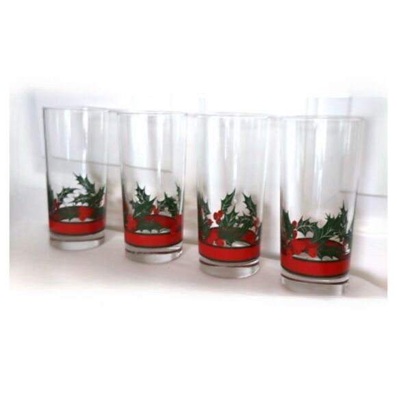 Vintage Set of 4 Libbey Holly Berry 12oz clear glass drinkware. - Picture 1 of 3